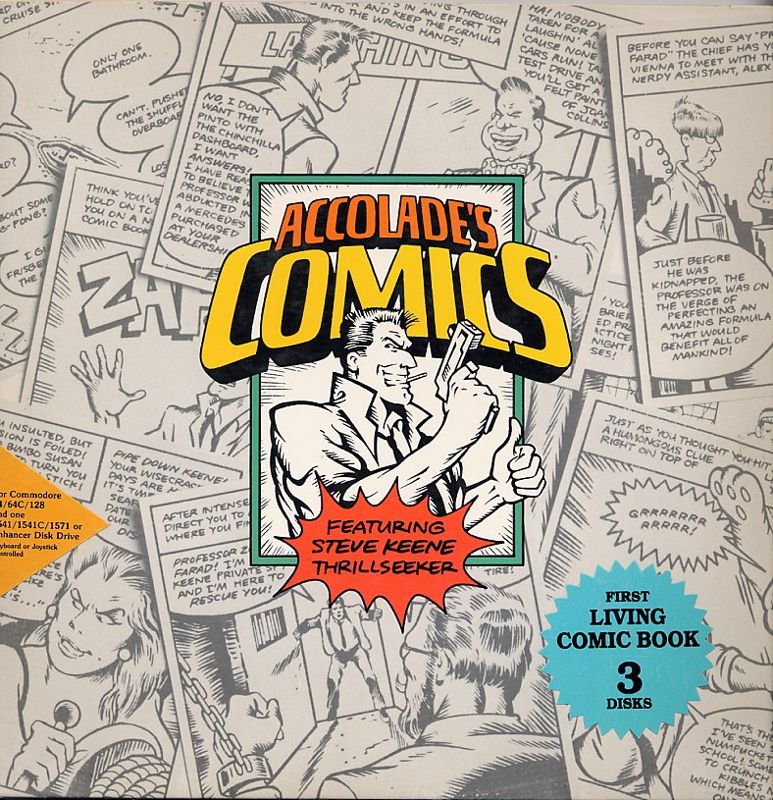 Accolade's Comics Featuring Steve Keene Thrillseeker box art for Commodore 64